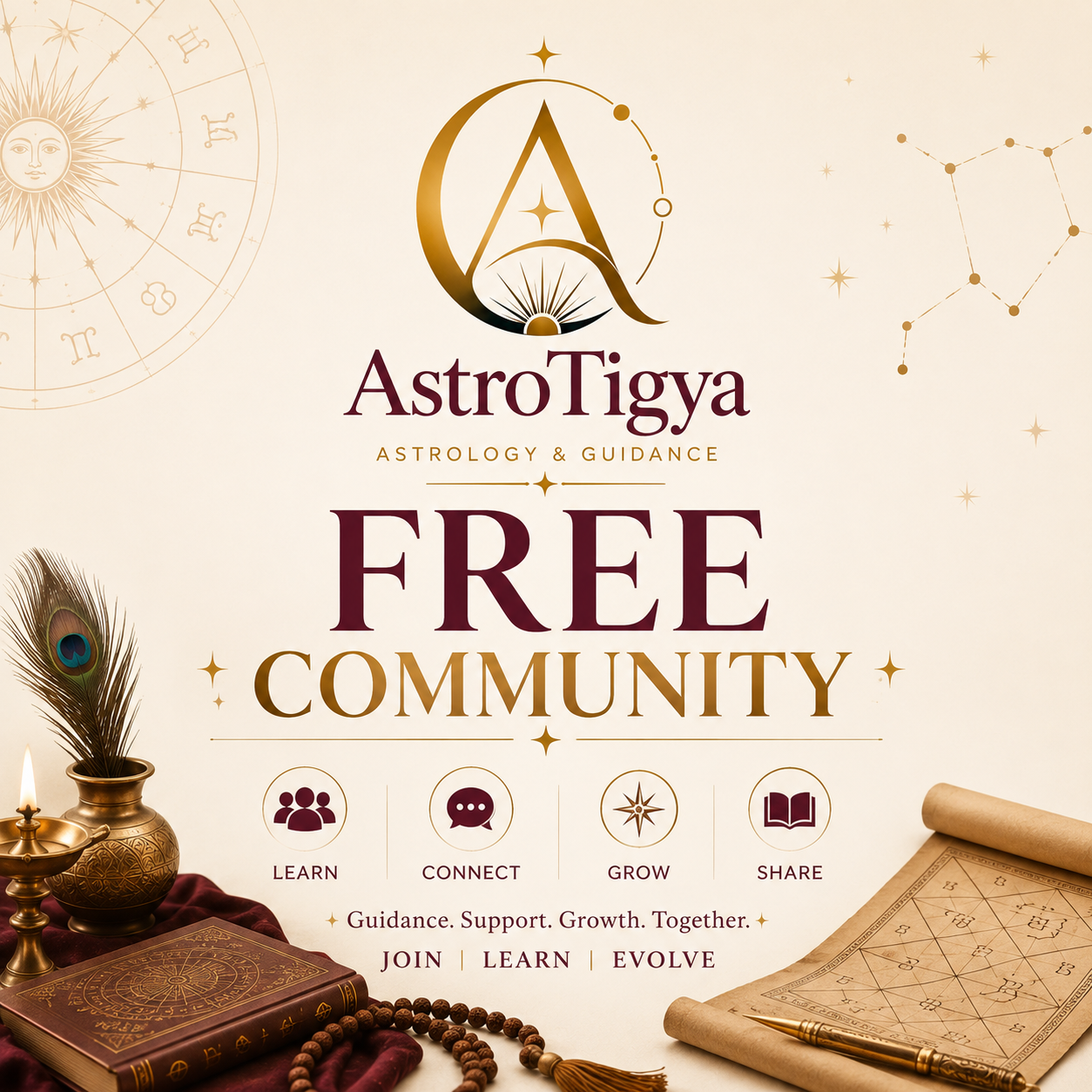 AstroTigya Free Community banner with astrology motifs